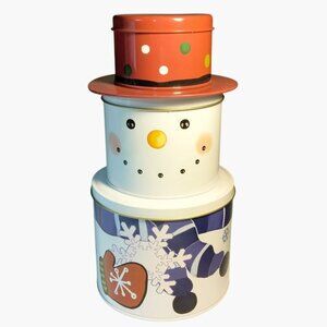 Snowman Decorative Tin Stacked 3 Canisters Celebrate It Christmas